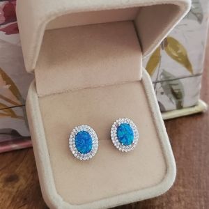 DEAL OF THE DAY $25 925 Sterling Silver Created blue Opal & CZ oval stud earring